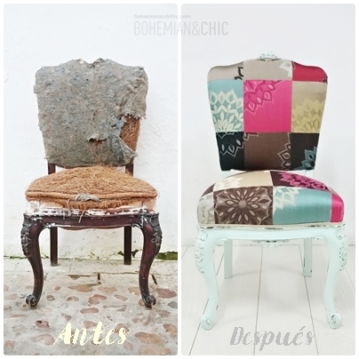 antes y después antigua silla descalzadora en mint y pachtwork