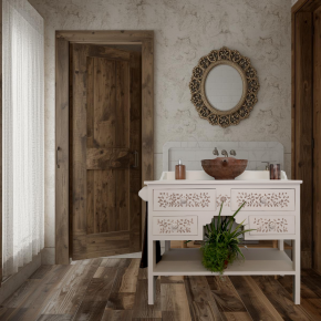 mueble de baño blanco roto cuatro cajones, balda y toallero lateral
