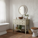 cuerto de baño estilo rústico chic con mueble de baño artesanal en verde envejecido